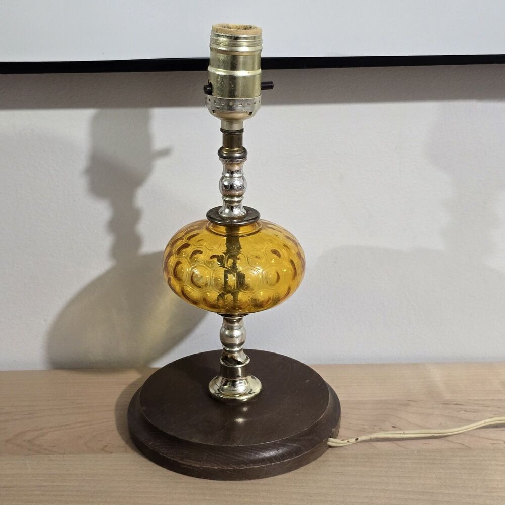 Vintage - Table Lamp - Amber Glass - Wood Base - Silvertone Post